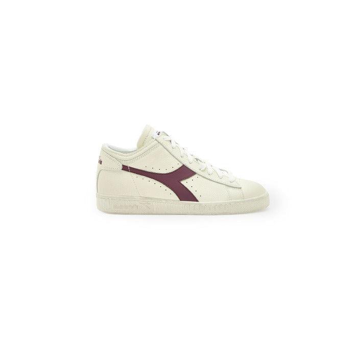 Plein Sport cream sneaker with maroon side detail on white background