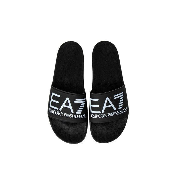 Black Emporio Armani EA7 men's and women's slippers on white background