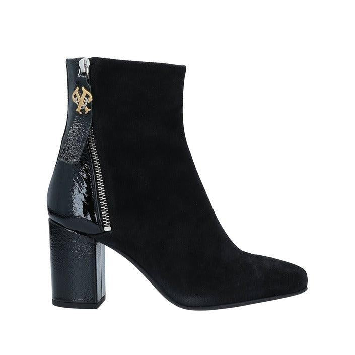 Stylish black suede ankle boot with block heel, zipper detail, and gold accent
