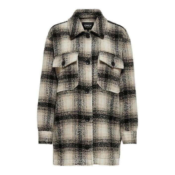 Women's plaid coat with front pockets and button closure, neutral black and beige tones