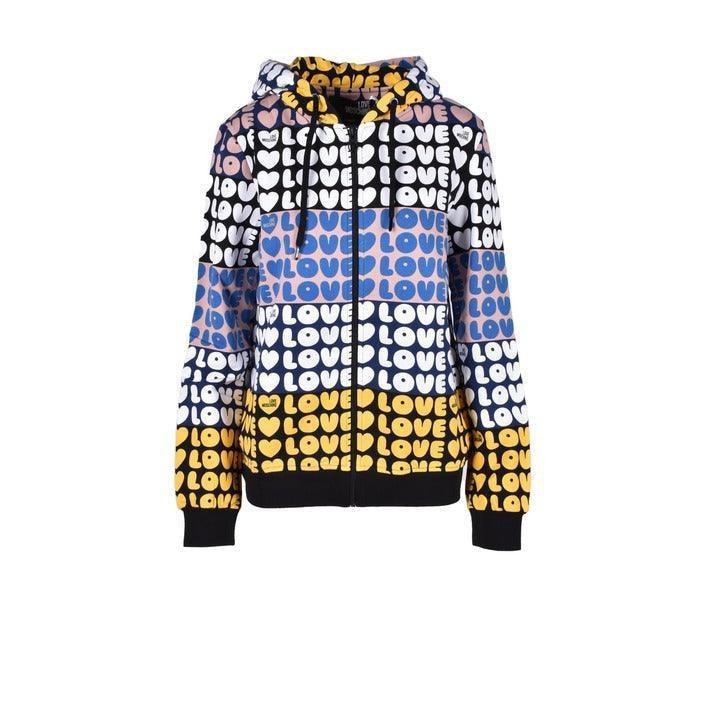 Women's fashion hoodie with colorful LOVE print, bold graphic zip-up jacket