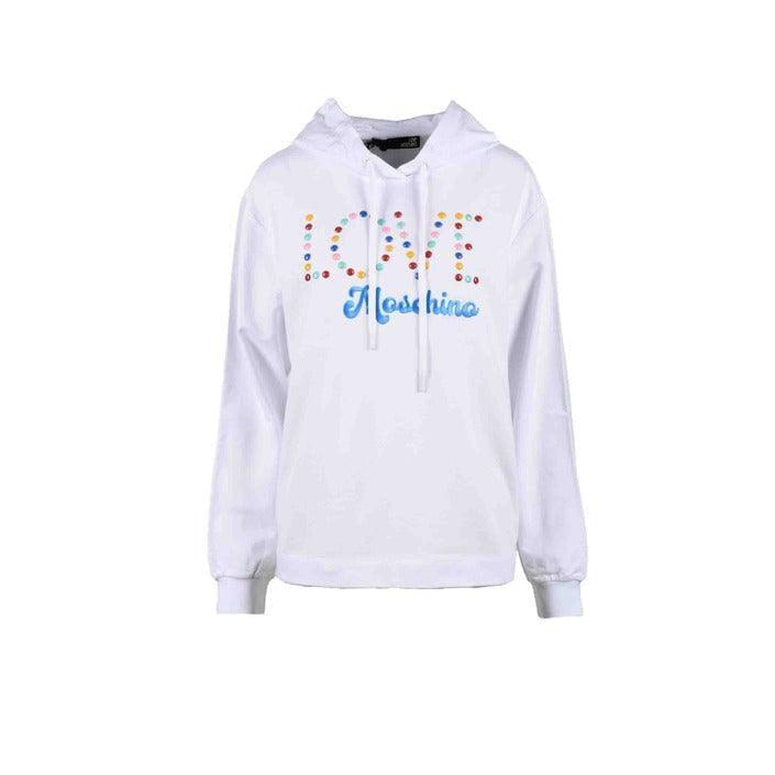 White women's hoodie with colorful LOVE Moschino text on front, displayed on plain background.