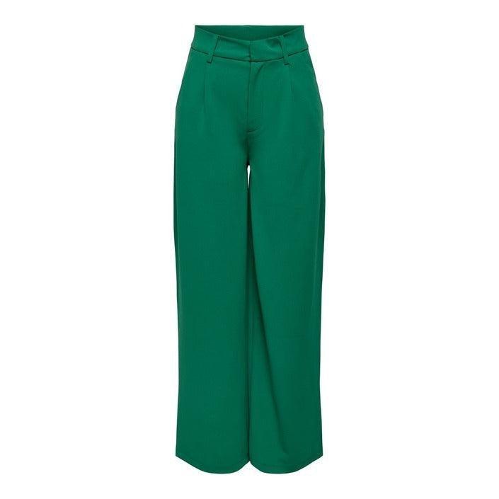 Green high-waisted wide-leg women's pants, front view, fashion clothing collection