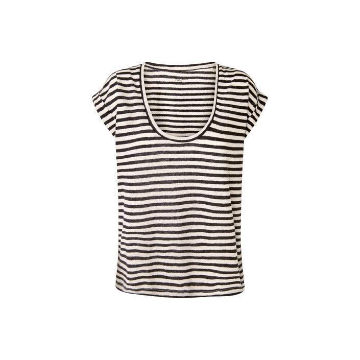 Women's black and white striped t-shirt with short sleeves on white background
