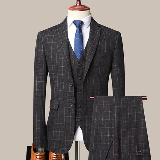 3-Piece Black Men’s Suit - Plaid Business Style -Guocali