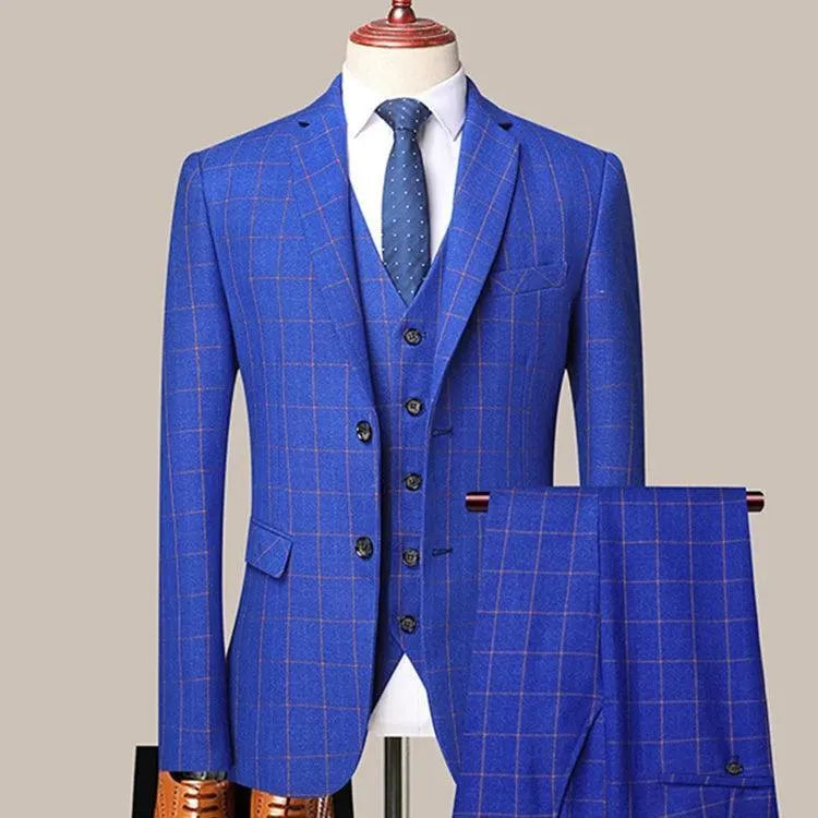 3-Piece Blue Plaid Suit for Men - Business Style -Guocali