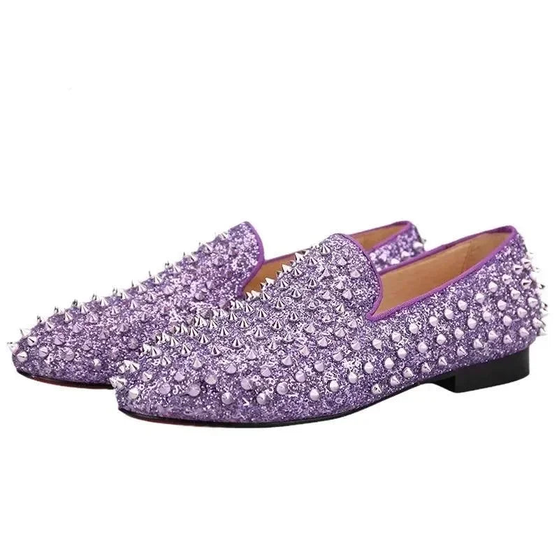Lilac glitter kids loafers covered in metal spikes fashion image