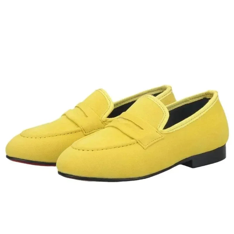 Yellow suede kids penny loafers fashion image