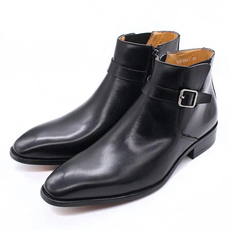 Men's Boots - Block Ankle Boots - Leather