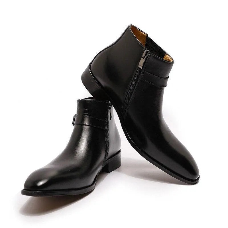 Men's Boots - Block Ankle Boots - Leather