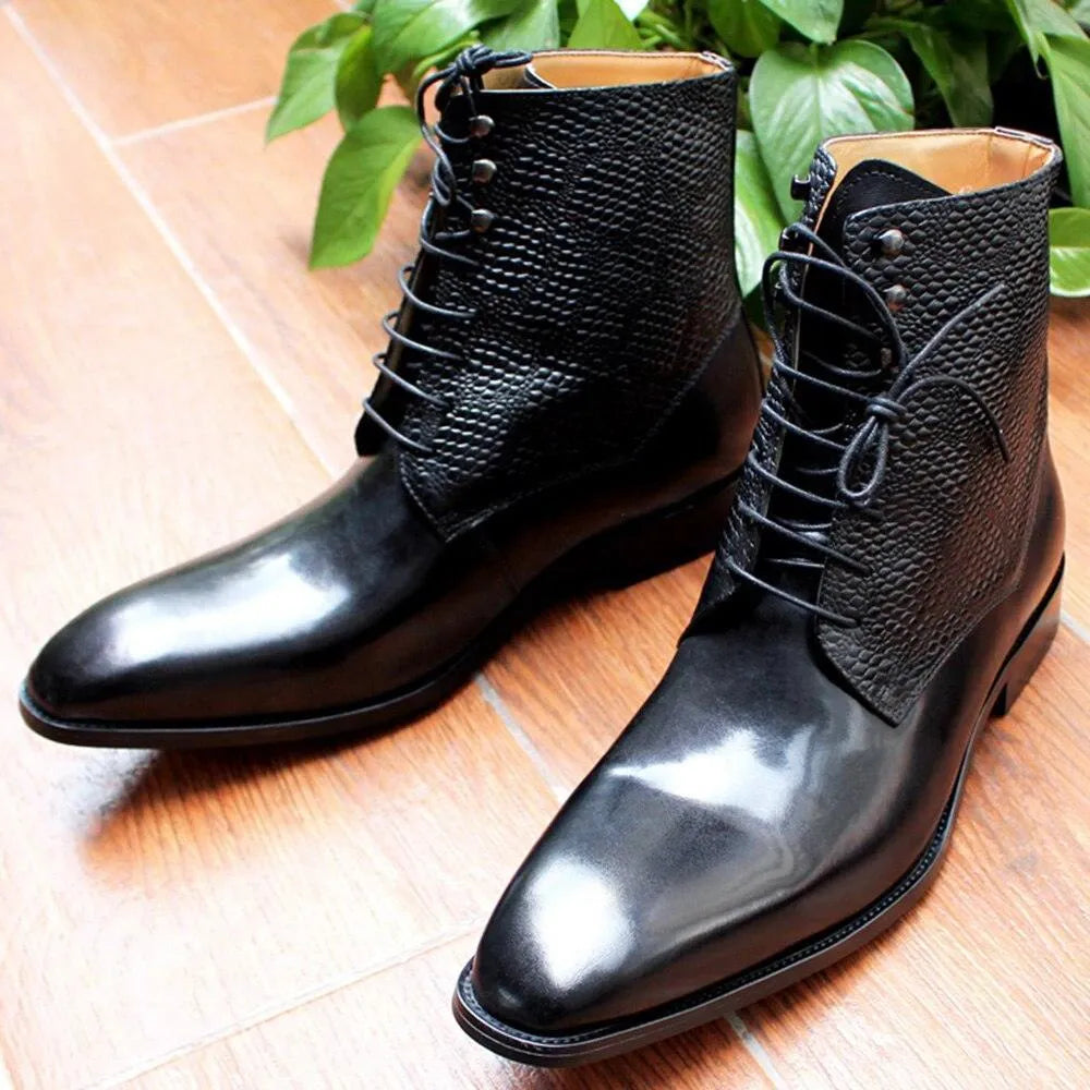 Men's Boots - Block Ankle Boots - Leather