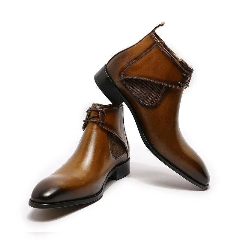 Men's Boots - Block Ankle Boots - Leather