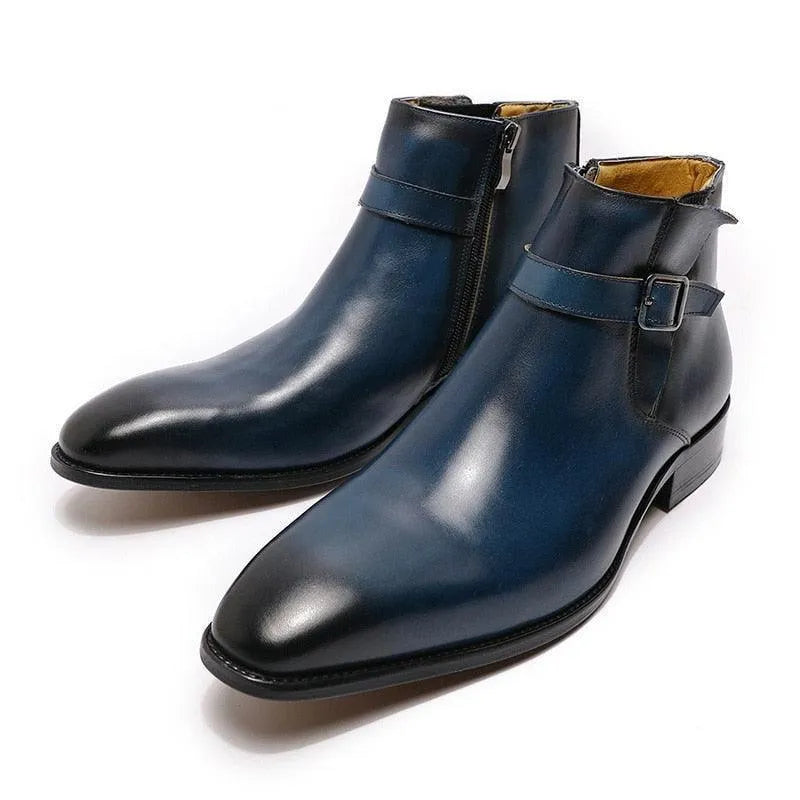 Men's Boots - Block Ankle Boots - Leather