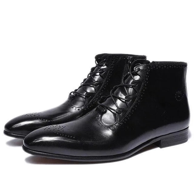 Men's Boots - Block Ankle Boots - Leather