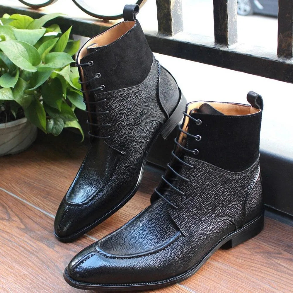 Men's Boots - Block Ankle Boots - Leather