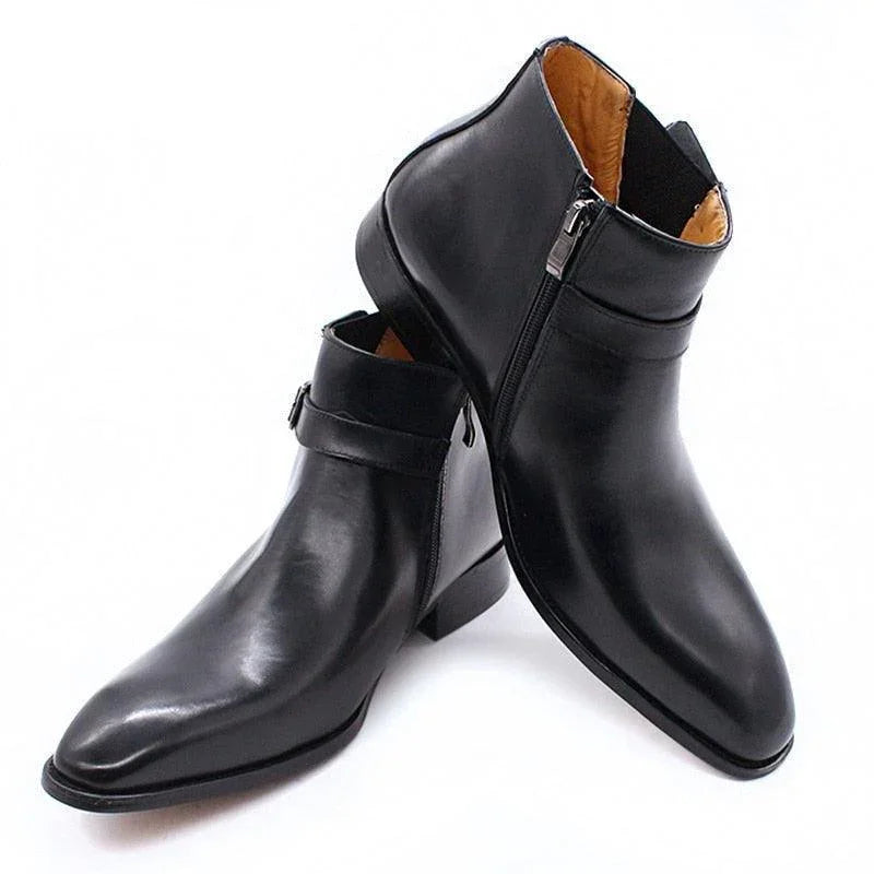 Men's Boots - Block Ankle Boots - Leather