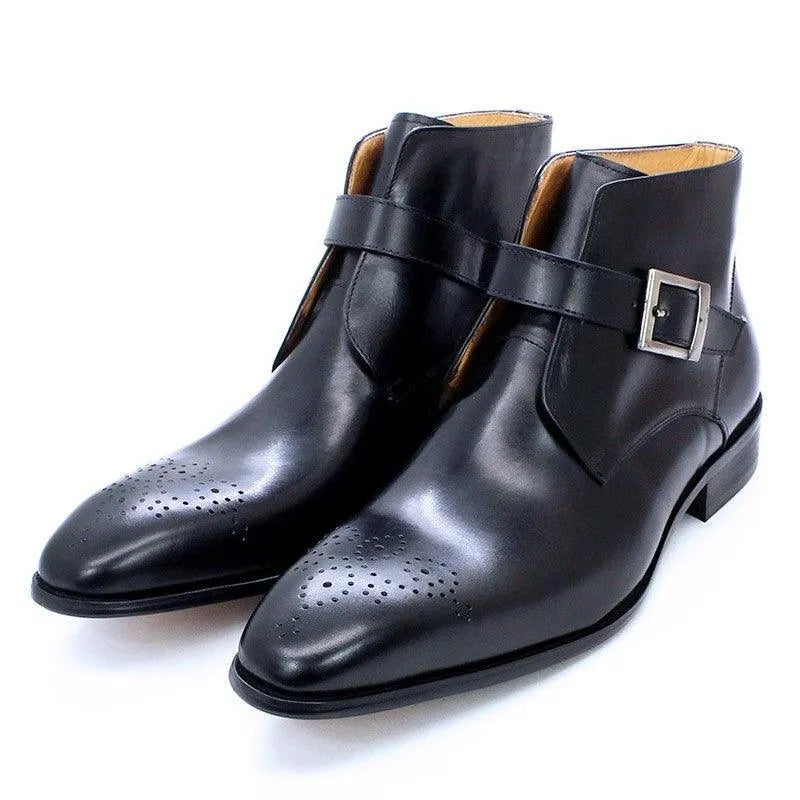 Men's Boots - Block Ankle Boots - Leather