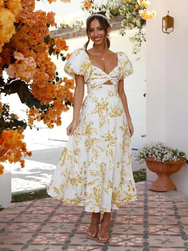 Printed Puff Sleeve Swing Summer Dress