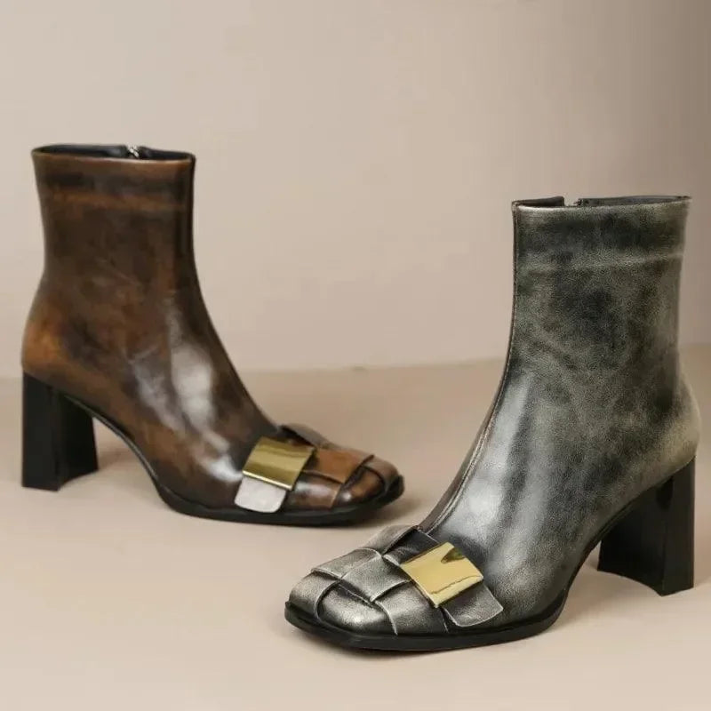 Women Boots - Chunky Ankle Boots - Leather