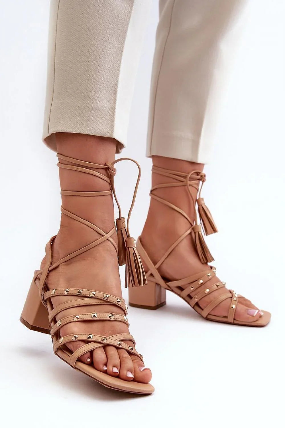 Women Lace-Up Caged Block Heel Sandals