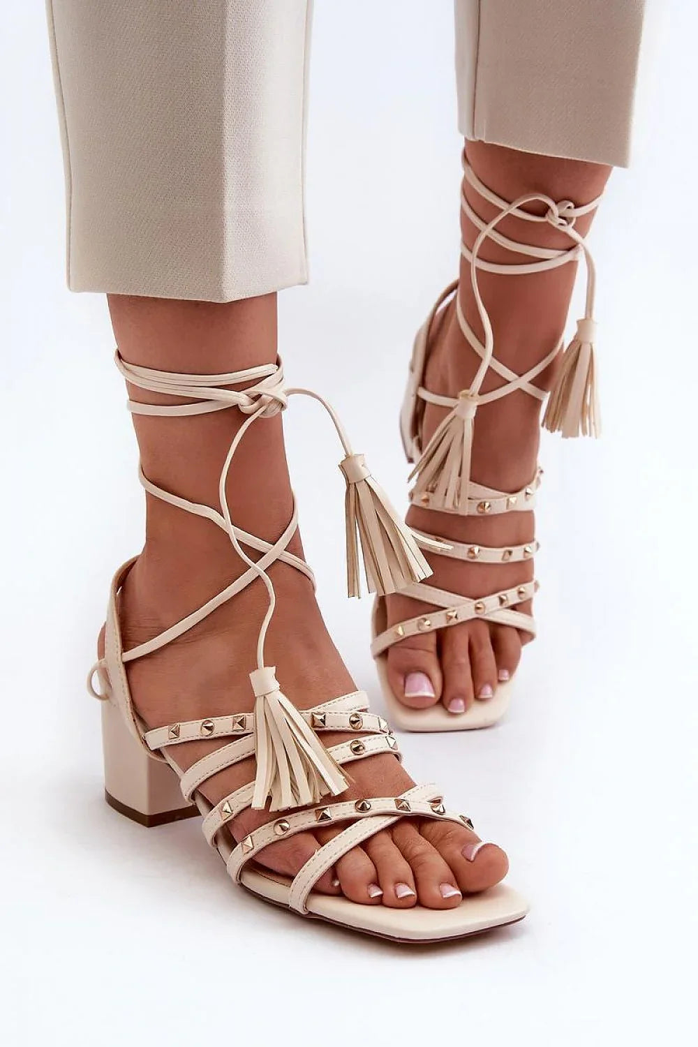 Women Lace-Up Caged Block Heel Sandals