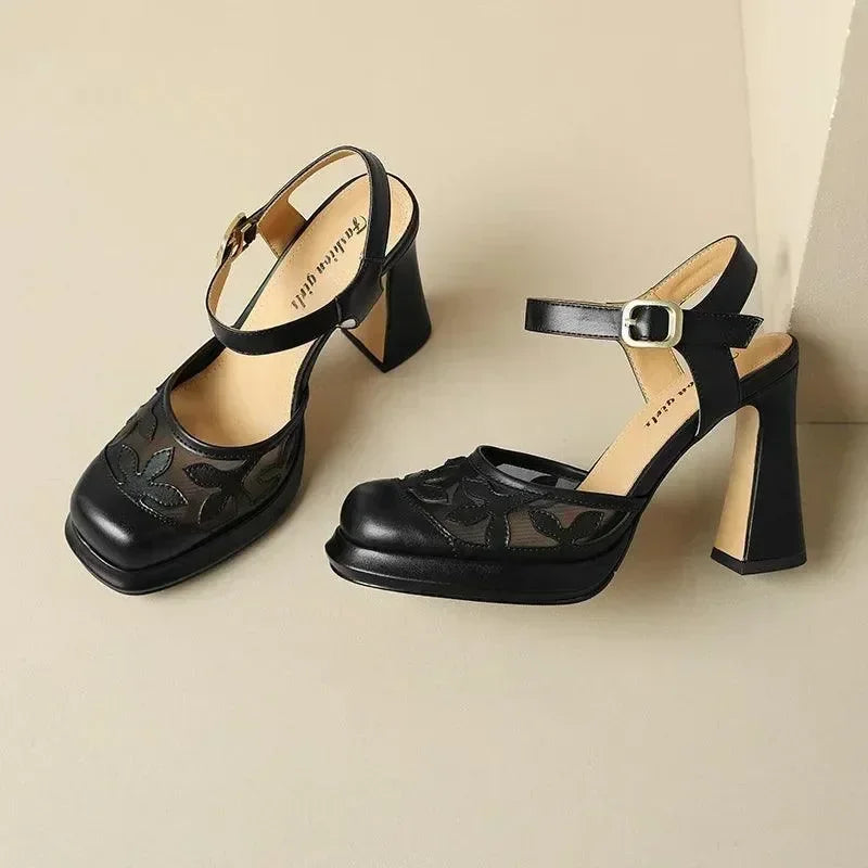 Women Leather Floral Block Heel Sandals