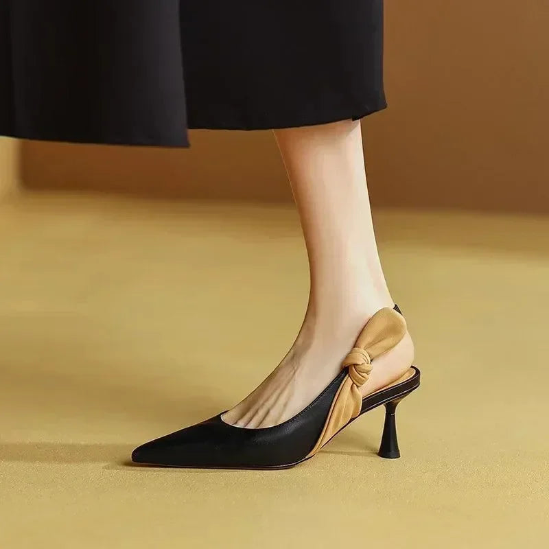 Women Leather Knot Slingback Kitten Heels