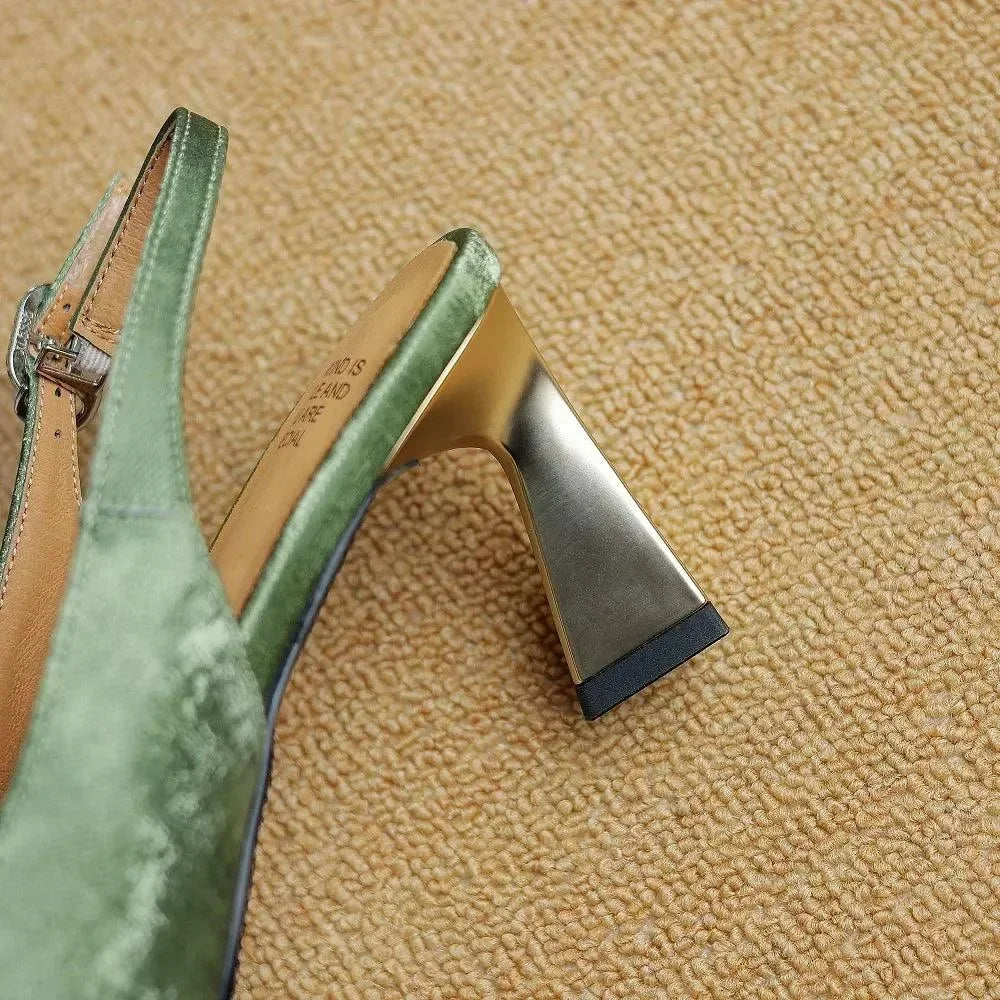 Women Leather Slingback Block Heel Sandals