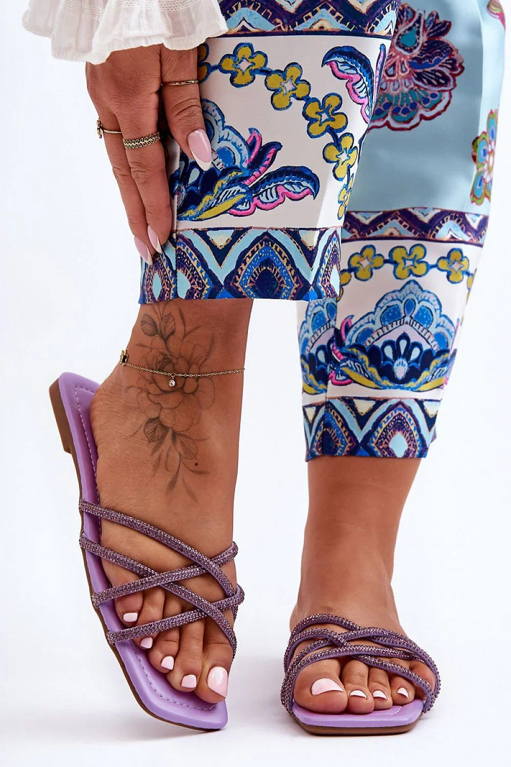 Women Square Toe Rhinestone Flip Flops