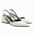 Women White Pointed Toe Ankle Strap Block Heel Shoes