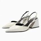 Women White Pointed Toe Ankle Strap Block Heel Shoes
