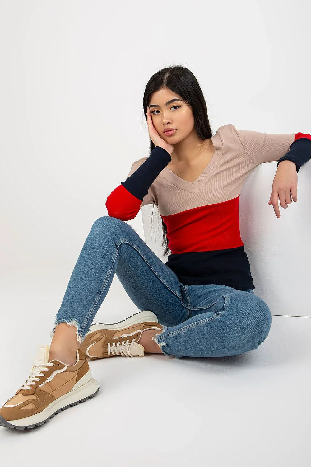 Women's Long Sleeve Blouse - Colorblock Waist Length