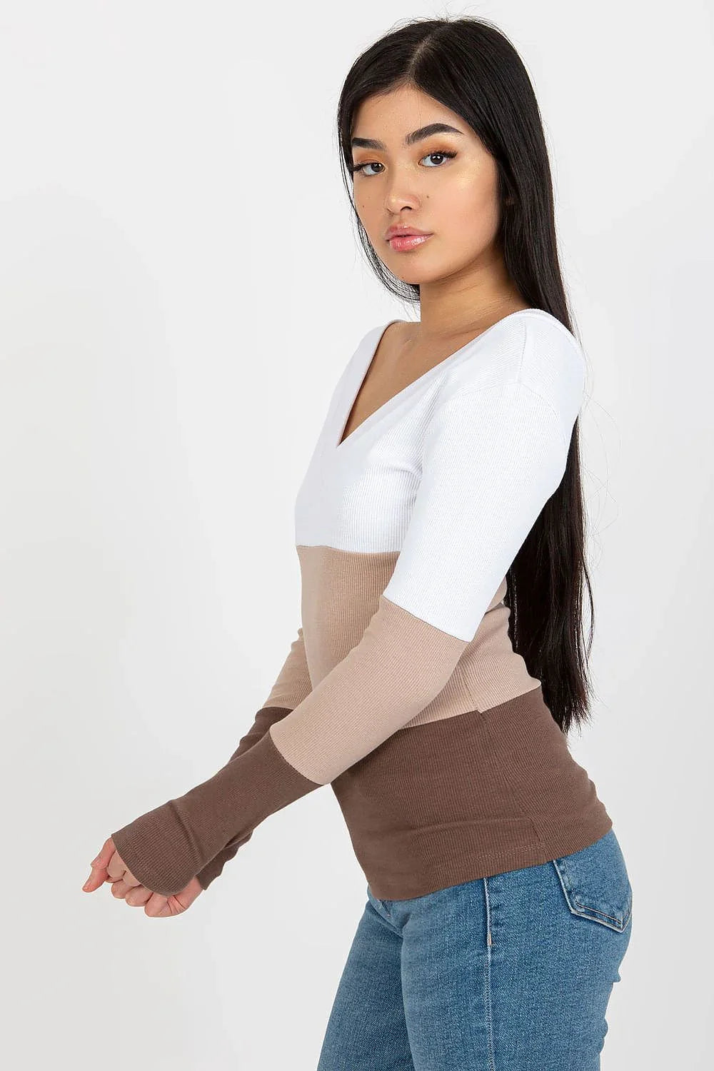 Women's Long Sleeve Blouse - Colorblock Waist Length