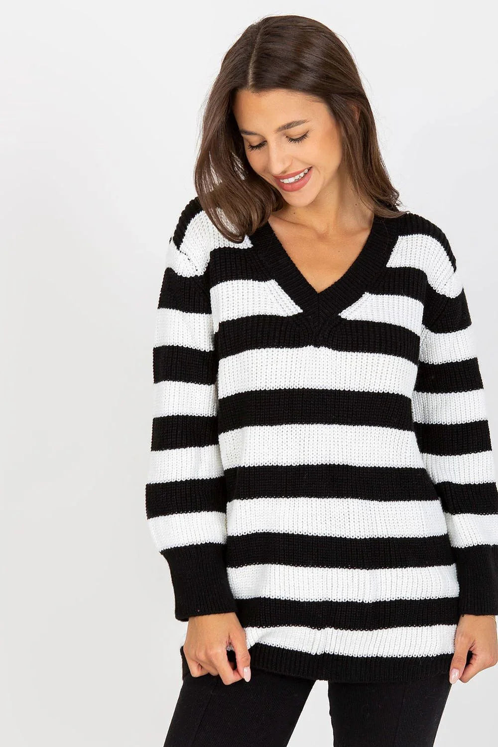 Women's Longline Striped V-Neck Pullover Sweater