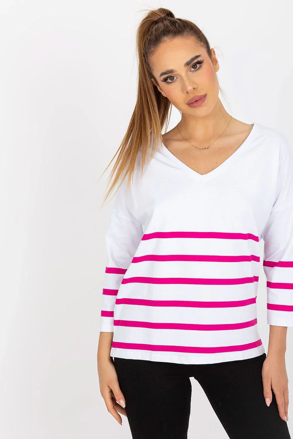 Women's Three-Quarter Sleeve Blouse - Striped Hip Length