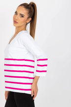 Women's Three-Quarter Sleeve Blouse - Striped Hip Length