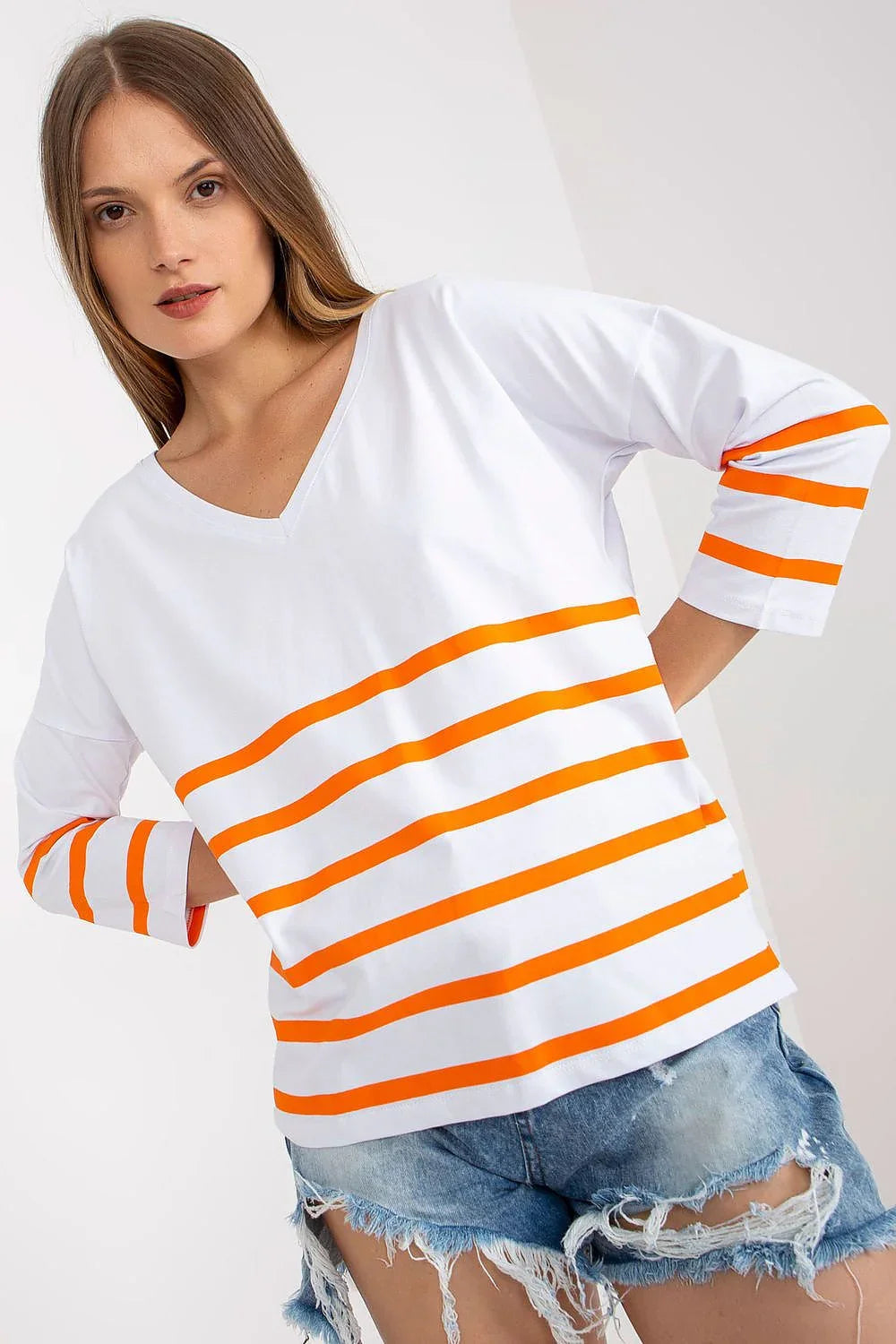 Women's Three-Quarter Sleeve Blouse - Striped Hip Length