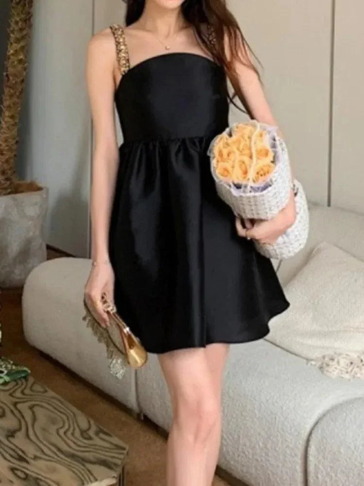 Beaded Slash Neck High Waist Suspender Dress -Guocali