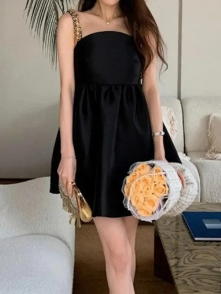 Beaded Slash Neck High Waist Suspender Dress -Guocali