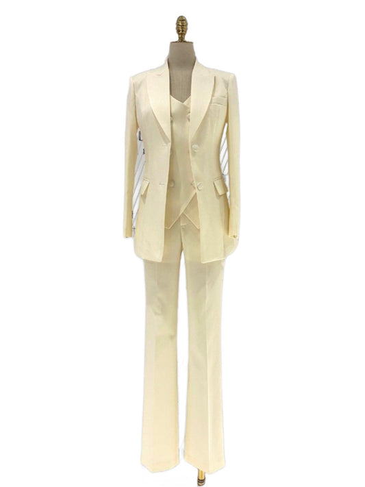 Beige Formal Three Piece Suit - Straight Pants - Pantsuit - Guocali
