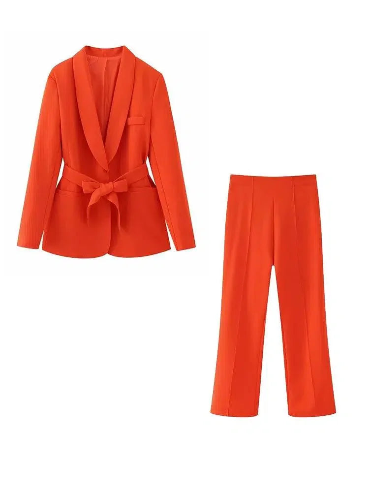 Belted High Waist Wide Leg Pant Suit -Guocali