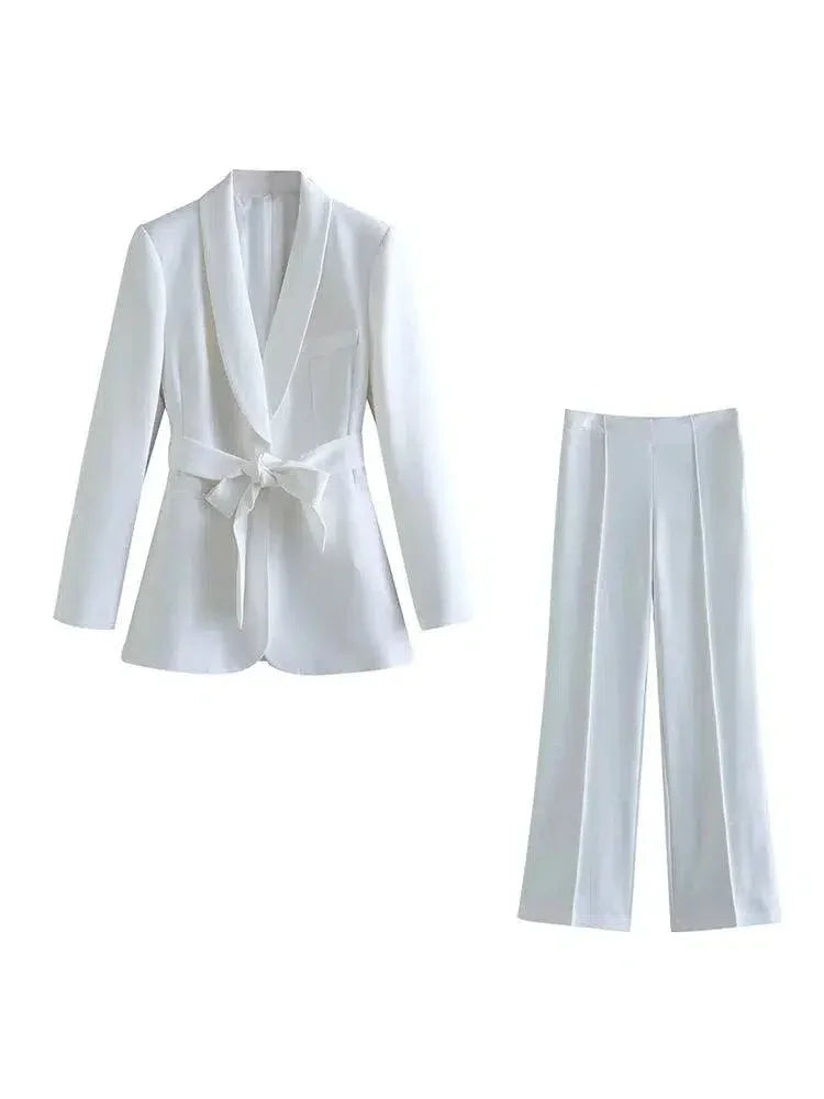 Belted High Waist Wide Leg Pant Suit -Guocali