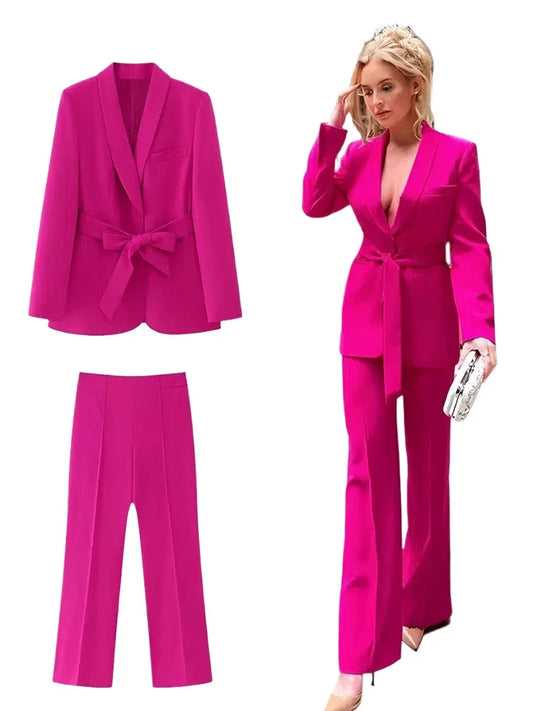 Belted High Waist Wide Leg Pant Suit -Guocali