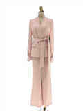 Belted Women Pant Suit, Spliced Sleeves -Guocali