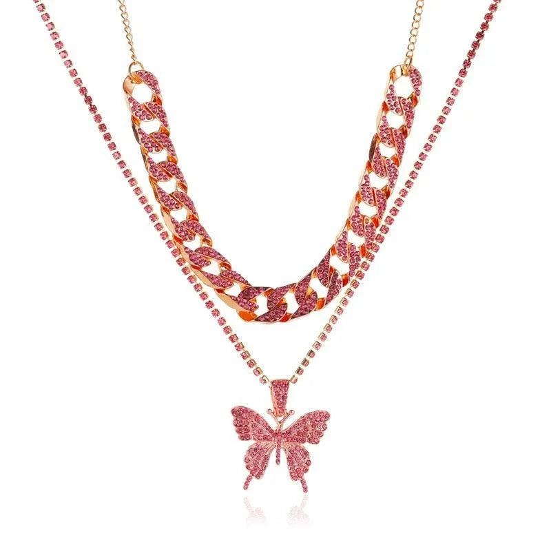 Big Butterfly Pendant Necklace - Rhinestone Jewelry -Guocali