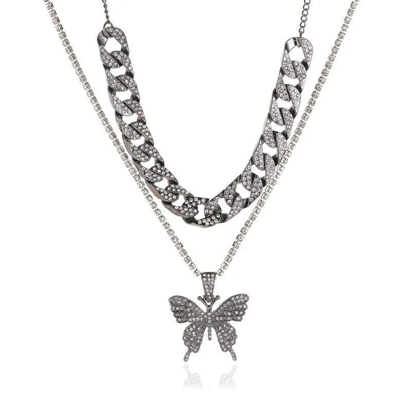 Big Butterfly Pendant Necklace - Rhinestone Jewelry -Guocali