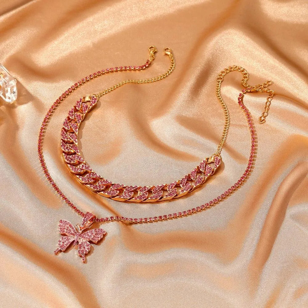 Big Butterfly Pendant Necklace - Rhinestone Jewelry -Guocali