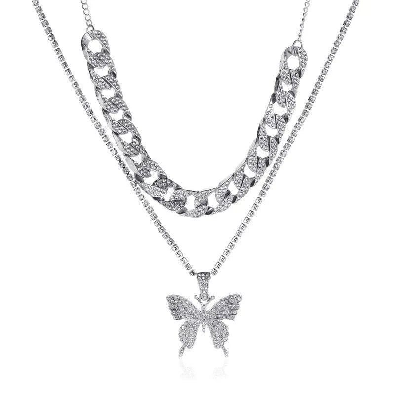 Big Butterfly Pendant Necklace - Rhinestone Jewelry -Guocali