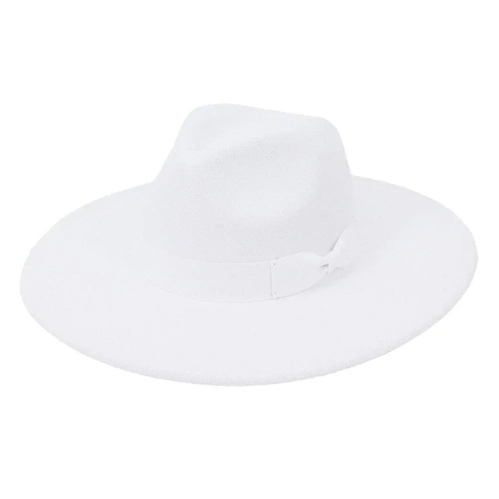 Wide-brim white retro fedora hat with ribbon, GUOCALI luxury fashion accessory