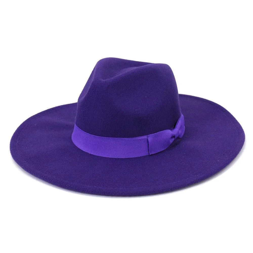 Wide-brim retro purple fedora hat with matching ribbon, luxury fashion accessory by GUOCALI